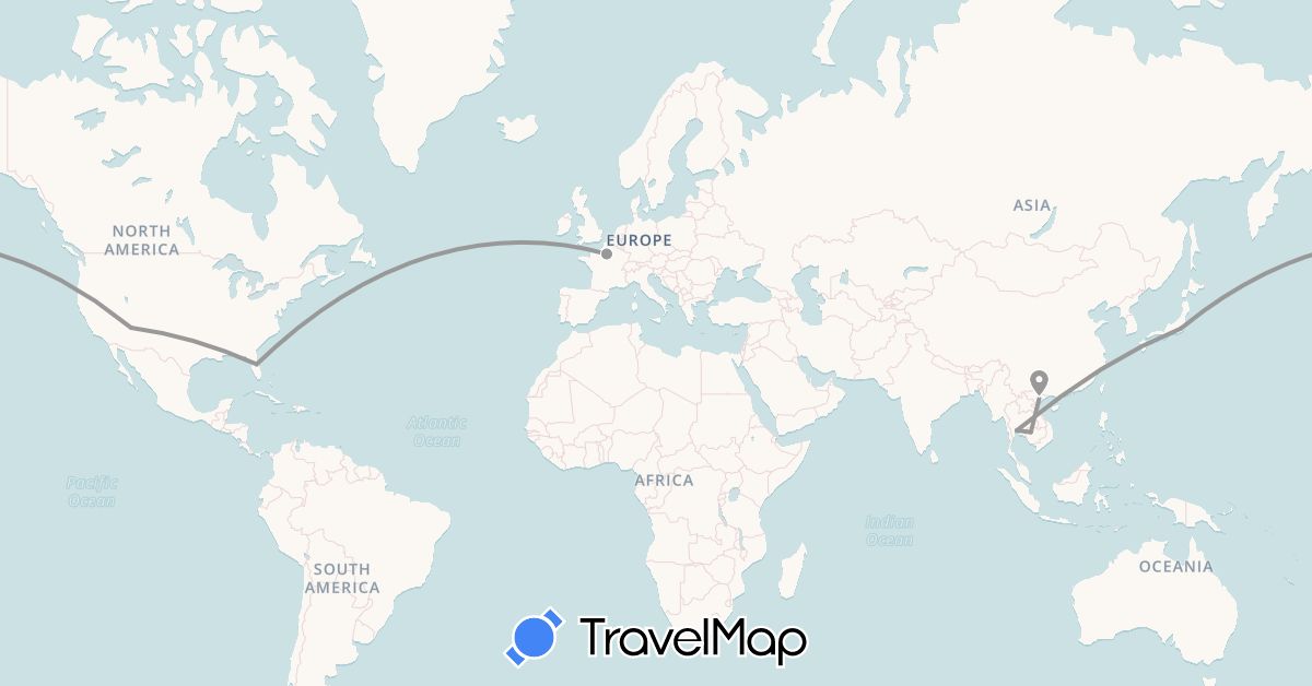 TravelMap itinerary: plane in France, Cambodia, Vietnam (Asia, Europe)